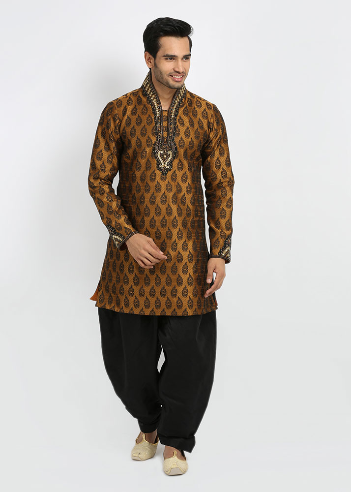 Mens brown color silk brocade kurta set with bottom EKL4002