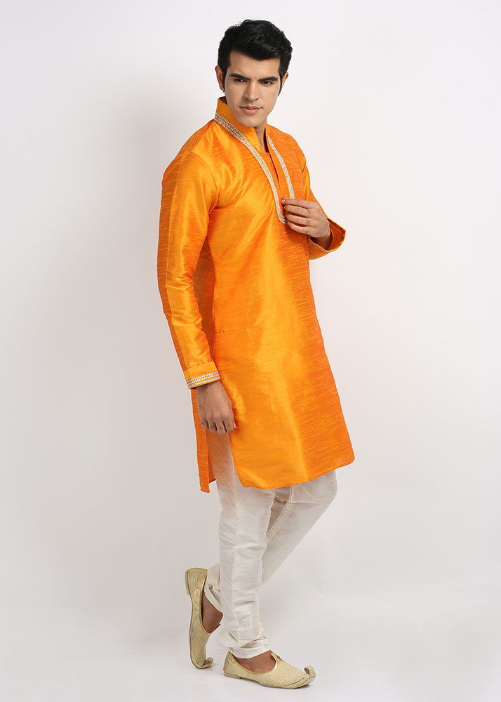 Mens mustard color art silk Kurta Set EKL4032