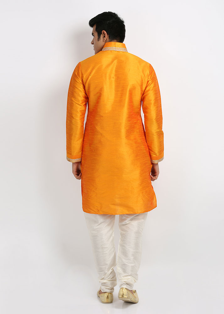 Mens mustard color art silk Kurta Set EKL4032
