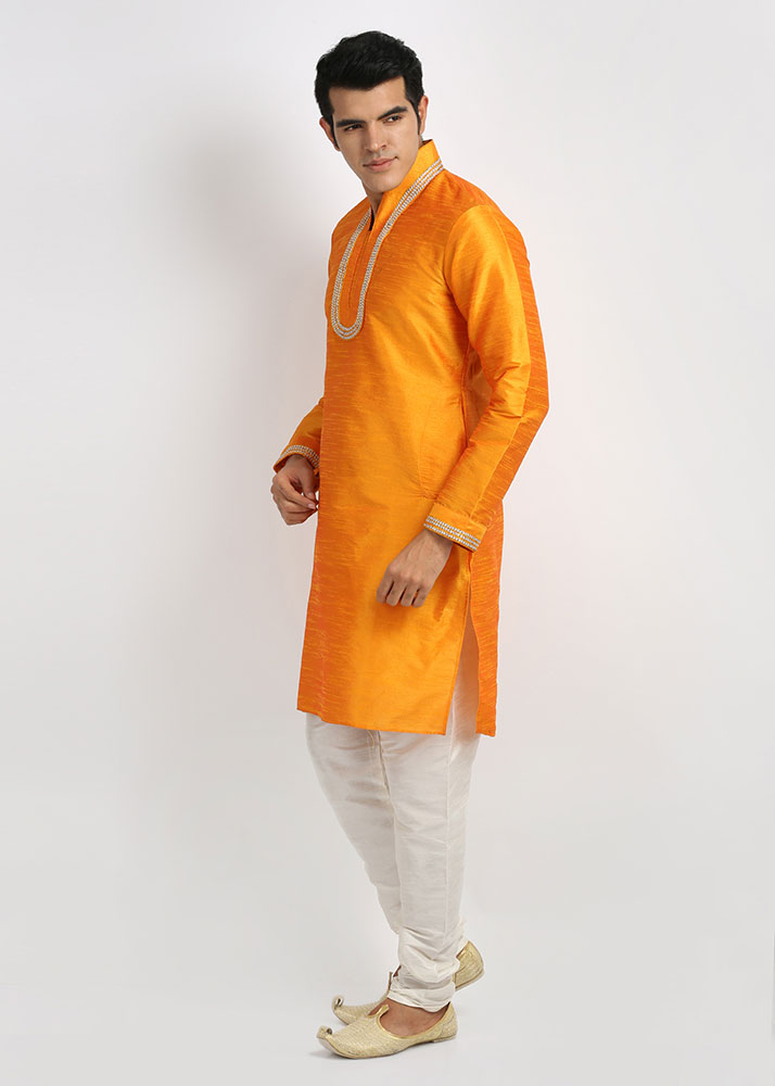 Mens mustard color art silk Kurta Set EKL4032