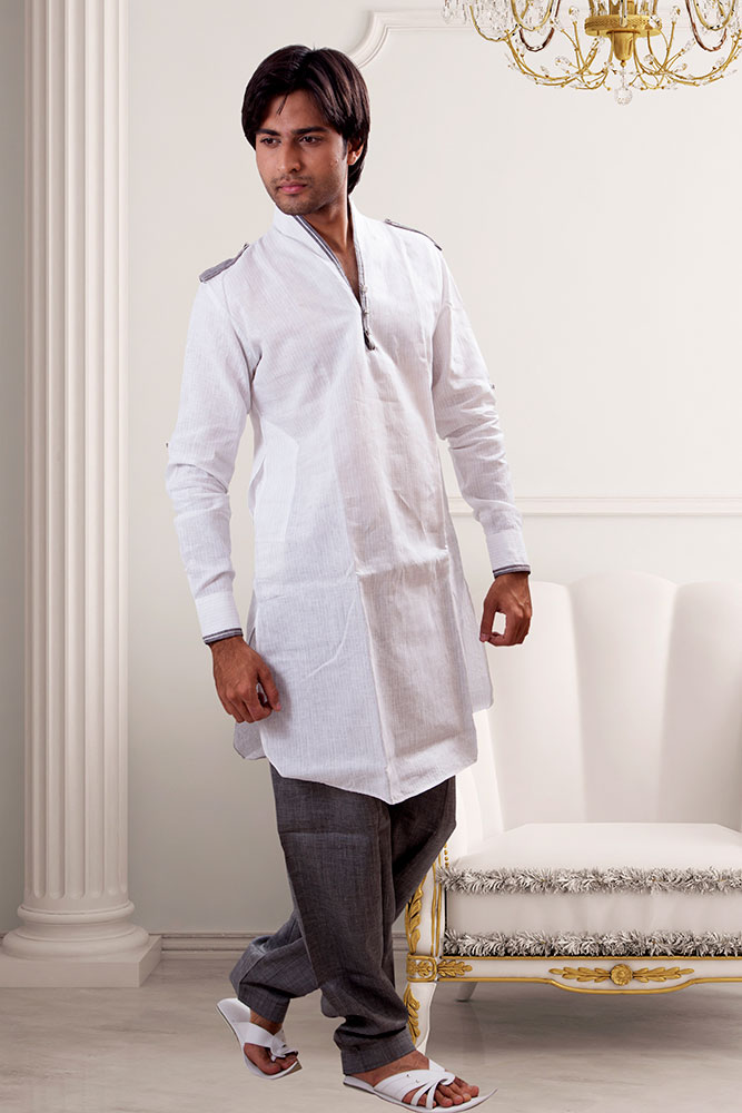 Mens white color linen pathani suit kurta EKL4049