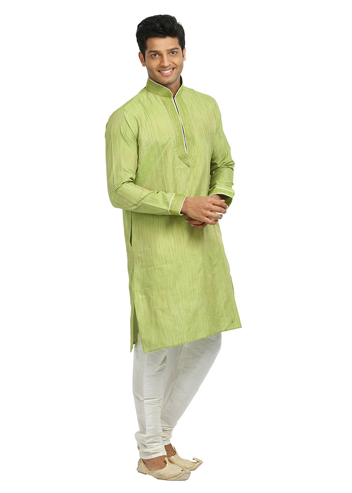 Mens light green color cotton silk Kurta Set EK4071