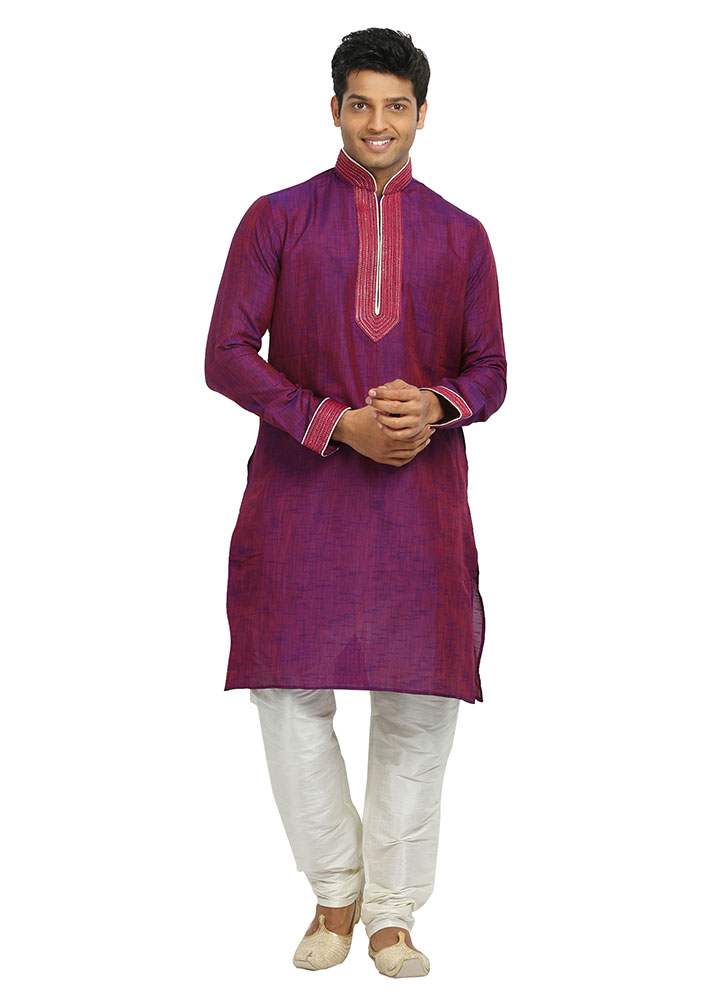 Mens mediumvioletred color cotton silk Kurta Set EK4074