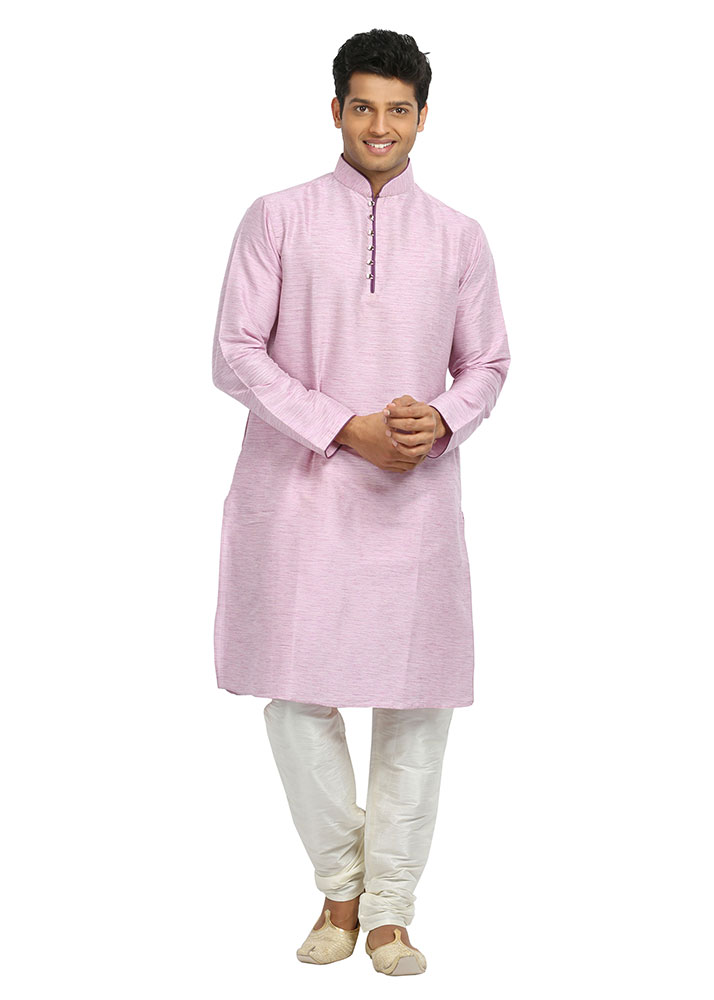 Mens light pink cotton silk Kurta Set EK4076